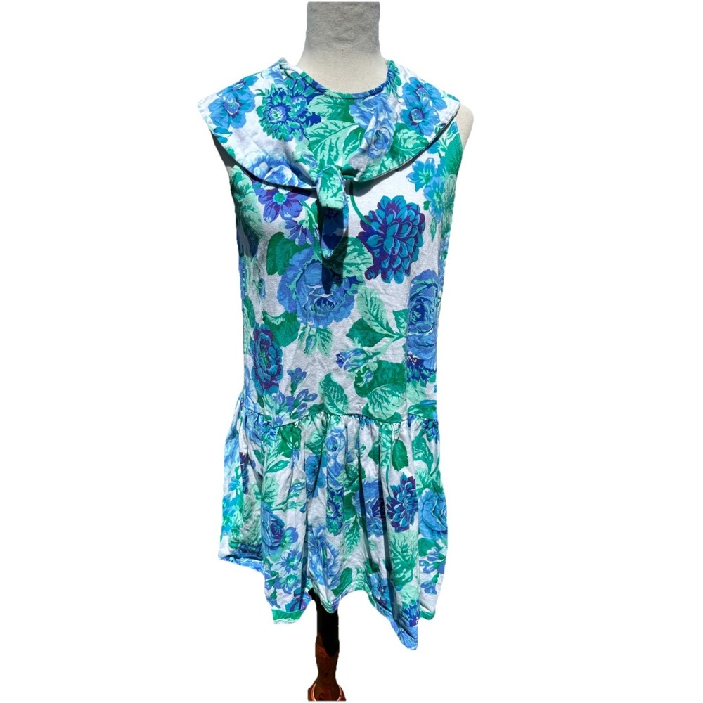 VTG Sailor Sun Dress Garden Floral Medium Cotton Cottagecore 80s Drop Waist‎